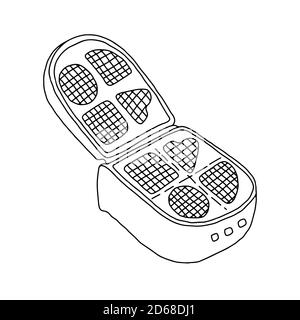 Outline vector hand drawn illustration of waffle-iron, electric kitchenware, simple pattern for cooking appliancies and homemade pastry Stock Vector