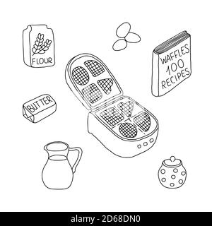Outline vector hand drawn illustration of waffle iron, milk jar, butter, sugar-bowl, book of recipes, flour, simple pattern for cooking and homemade pastry Stock Vector
