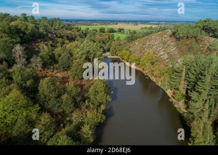 Small valley “Vallon de la chambre aux loups” in Iffendic (Brittany, north-western France). Aerial view of the small valley and the stream of Boutaven Stock Photo