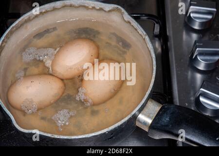 Eggs being boiled Stock Photo