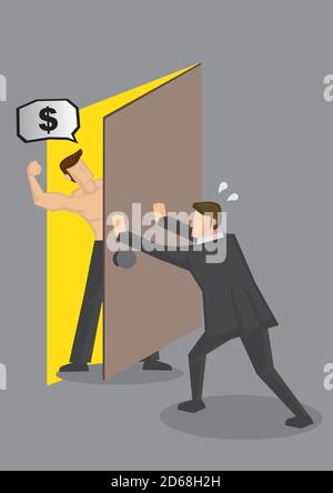 Cartoon businessman pushing door to shut out hostile muscular man demanding for money. Vector illustration on personal finance and debt collection con Stock Vector