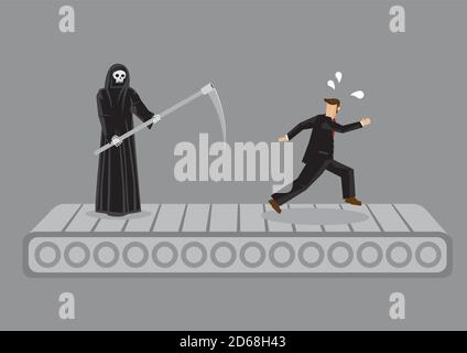 Grim Reaper and cartoon man running on treadmill. Creative vector illustration on futile effort to escape death metaphor isolated on grey background. Stock Vector