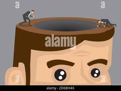 Cartoon man in suit exploring around black hole on the opened head of a giant man. Creative conceptual vector illustration isolated on grey background Stock Vector