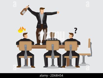Business professional holding a bottle and dancing on conference table during meeting. Cartoon vector illustration on concept for irresponsible drinki Stock Vector