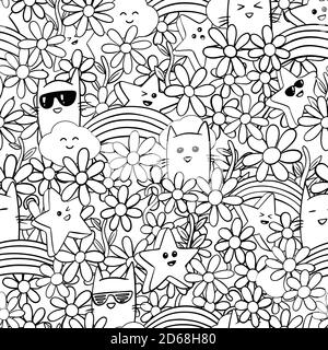 Cats, stars, and rainbows seamless pattern. Cute hand drawn doodle pattern. Black and white vector illustration for print, poster, icon, web, graphic Stock Vector