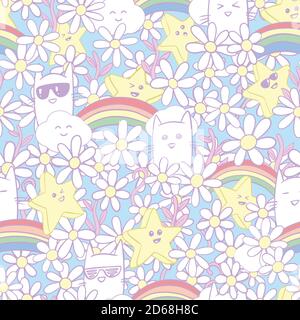 Cats, stars, and rainbows seamless pattern. Cute hand drawn doodle pattern. Vector illustration for print, poster, icon, web, graphic designs. Stock Vector