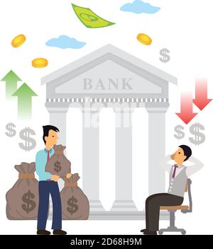 Business people using the bank services. Online bank payment, transaction, safe, save money transfers, bank building, financial services, Vector illus Stock Vector