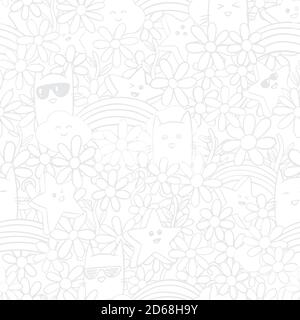 Cats, stars, and rainbows seamless pattern. Cute hand drawn doodle pattern. Subtle vector illustration for print, poster, icon, web, graphic designs. Stock Vector