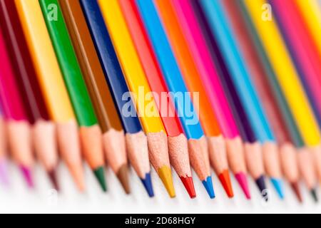 the tips of colored pencils on a white background, close-up Stock Photo
