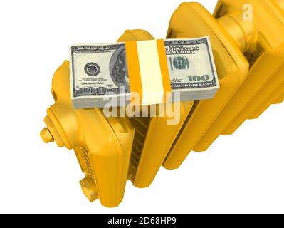 Heating costs in the US dollars. One golden section of heating radiator with pack of the US dollars isolated on white background. 3D illustration Stock Photo