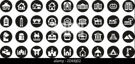 Commercial & Residential Buildings Icons White On Black Flat Design Circle Set big Stock Vector