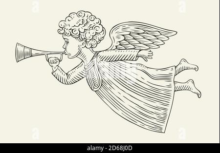 Flying angel messenger. Sketch vintage vector illustration Stock Vector