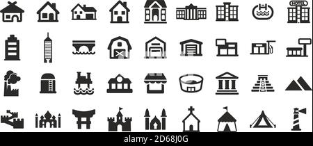 Commercial & Residential Buildings Icons Black & White Set big Stock Vector