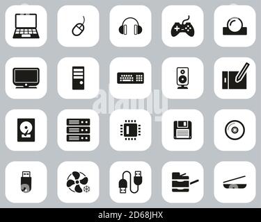 Computer Hardware Icons Black & White Flat Design Set Big Stock Vector