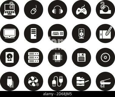 Computer Hardware Icons White On Black Flat Design Circle Set Big Stock Vector
