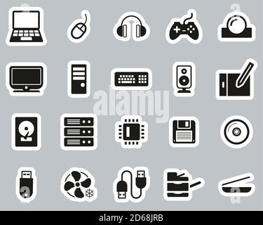 Computer Hardware Icons Black & White Sticker Set Big Stock Vector