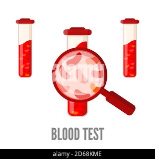 Medical blood test. a medical tube with red blood cells and a magnifying glass. Vector illustration, flat style. Isolated on white background. Stock Vector