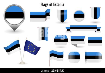 The Flag of Estonia. Big set of icons and symbols. Square and round Estonia flag. Collection of different flags of horizontal and vertical. Stock Vector