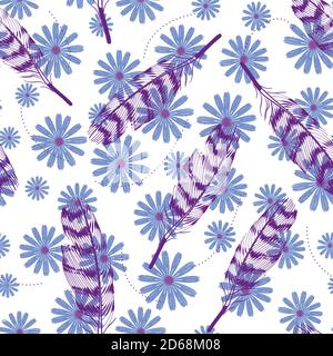 pattern of feathers in different positions on daisy background. Stock Vector