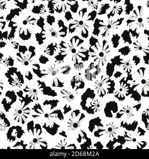 Continuous black and white animal print design combined with daisies. Pattern seamless for textile industry. Stock Vector