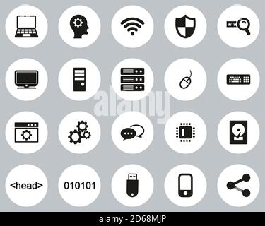 Computer Programming Icons Black & White Flat Design Circle Set Big Stock Vector