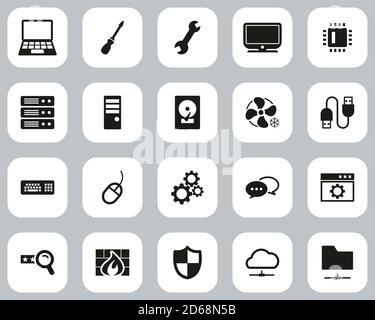 Computer Repair Or Computer Service Icons Black & White Flat Design Set Big Stock Vector