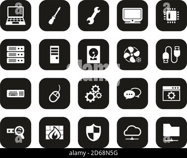 Computer Repair Or Computer Service Icons White On Black Flat Design Set Big Stock Vector