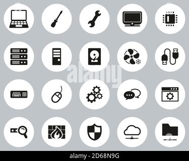 Computer Repair Or Computer Service Icons Black & White Flat Design Circle Set Big Stock Vector