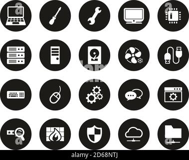 Computer Repair Or Computer Service Icons White On Black Flat Design Circle Set Big Stock Vector