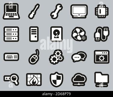 Computer Repair Or Computer Service Icons White On Black Sticker Set Big Stock Vector