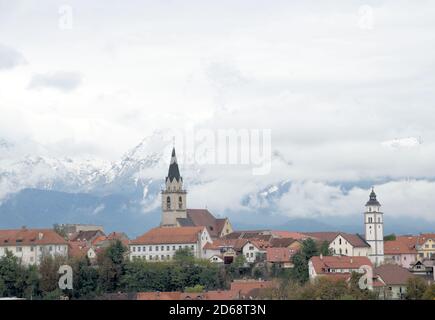 Panorama of Kranj in autumn with Steiner Alps Stock Photo