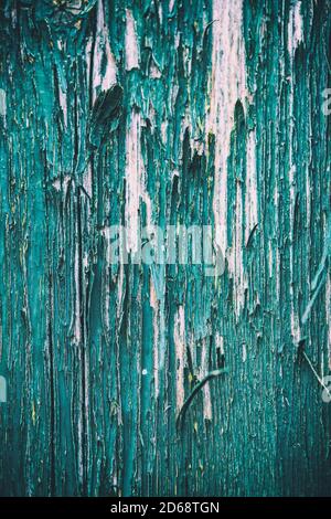 Detail of cracked and peeling green paint on an old wooden fence Stock Photo