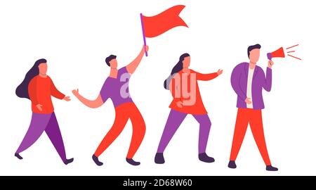 The rally is a political demonstration.Young guy with a flag. A man with a loudspeaker. Stock Vector