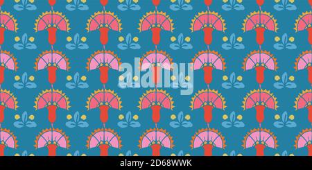 Geometric vintage kitchen folk art flower pattern. Vector vintage florals in alignment. Colourful stylized florals, stripes on blue background. Cute, fun background. Perfect for stationery, home decor and gift wrap. Stock Vector