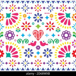 Mexican folk art vibrant seamless vector pattern, colorful design with flowers and birds inspired by traditional ornaments from Mexico Stock Vector