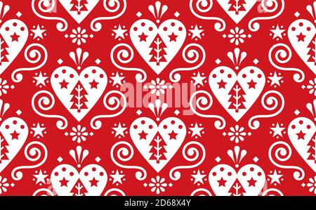 Christmas cute Scandinavian folk art vectorseamless pattern with hearts, christmas trees and flowers in white on red Stock Vector