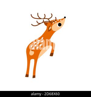 Cute cartoon jumping deer. Side view. Nice woodland character isolated on white background. Vector illustration. Stock Vector