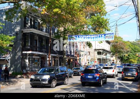 LAMBERTVILLE, NJ -3 OCT 2020- View of the charming historic town of Lambertville, located on the Delaware River in Hunterdon County, nicknamed the ant Stock Photo