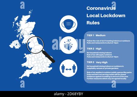 UK Local Lockdown Rules vector Infographic on a blue background. Stock Vector