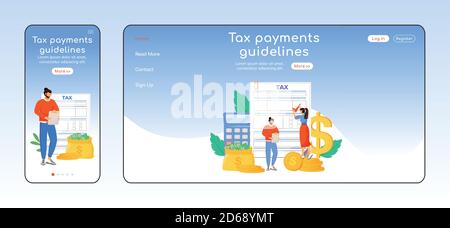 Tax payments guidelines adaptive landing page flat color vector template Stock Vector