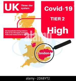 London Tier 2 Covid-19 UK infection Level High with map and magnifying glass. Stock Vector