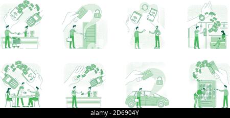 NFC technologies benefits thin line concept vector illustrations set Stock Vector