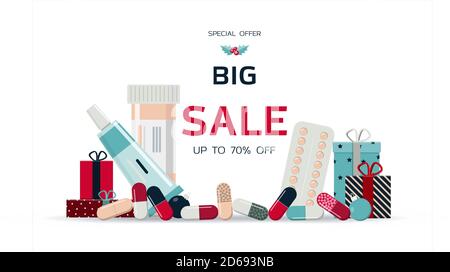 Big Christmas sale of medicines and medical services. Black Friday discounts for a website, pharmacy, store, or app with medical and pharmaceutical products. Bright holiday banner with pills, Christmas balloons and bright gifts. Medicines for children and adults. Online store with home delivery. Stock Vector