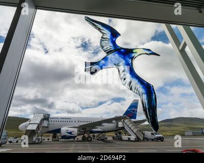 Vagar airport on the island of  Vagar, part of the Faroe Islands.   Europe, Northern Europe, Denmark, Faroe Islands Stock Photo