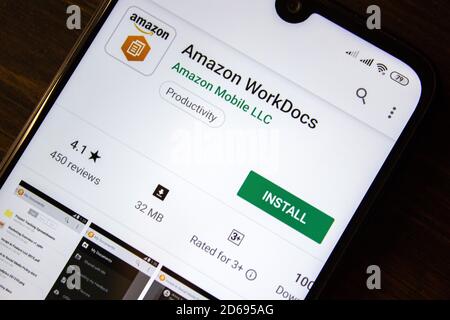 Ivanovsk, Russia - July 21, 2019: Amazon WorkDocs app on the display of smartphone Stock Photo