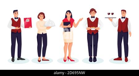 Restaurant staff team, isolated on white background. Vector flat illustration. Men and women waiters and hostess. Professional catering workers. Peopl Stock Vector
