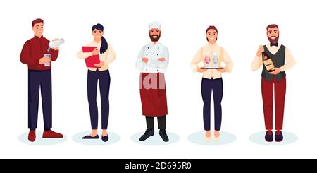 Restaurant staff team, isolated on white background. Vector flat illustration. Men and women professional catering workers. Waiters, chef, bartender a Stock Vector