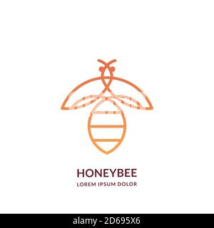 Yellow bee, line art logo emblem design template. Vector abstract honeybee linear icon. Honey packaging, cosmetics brand label concept. Stock Vector