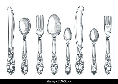 Table silver vintage cutlery. Vector hand drawn sketch illustration. Silverware spoon, knife and fork design elements, isolated on white background. K Stock Vector