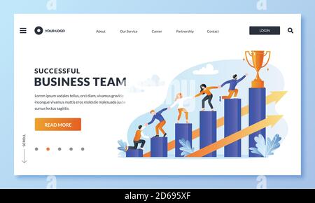 Successful teamwork and support of team leader. People climb diagram chart for the prize, business metaphor. Vector flat illustration. Partnership, go Stock Vector